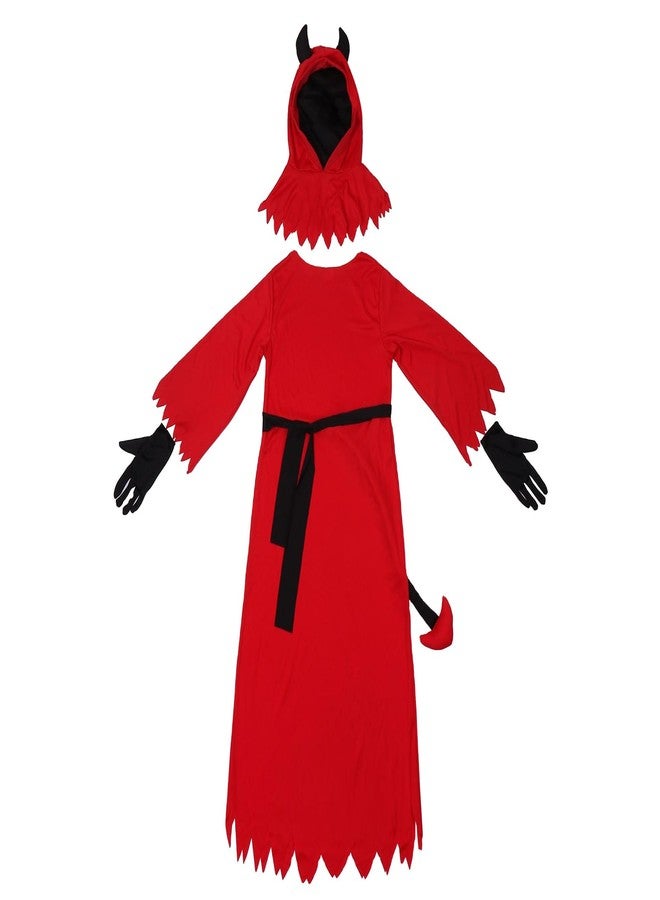 PURFUN Kids Red Devil Costume Set Girls Boys Scary Death Demon Gown Long Robe Devil Horns Head Cover Tail Black Gloves Kit Halloween Cosplay Outfit Costume Accessories Dress Up Party Prop - Image 3